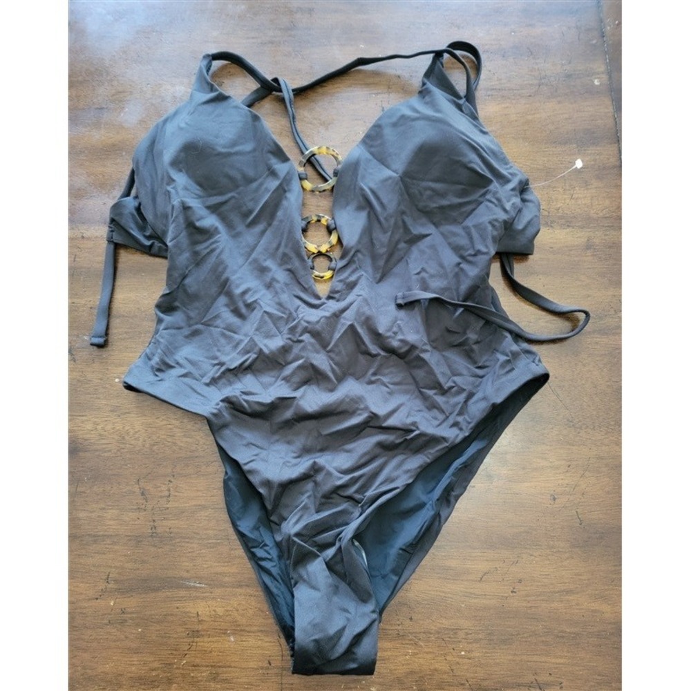 NWT Aqua Swim S 3 Ring Tie-Strap One Piece Swimsuit Black 121837